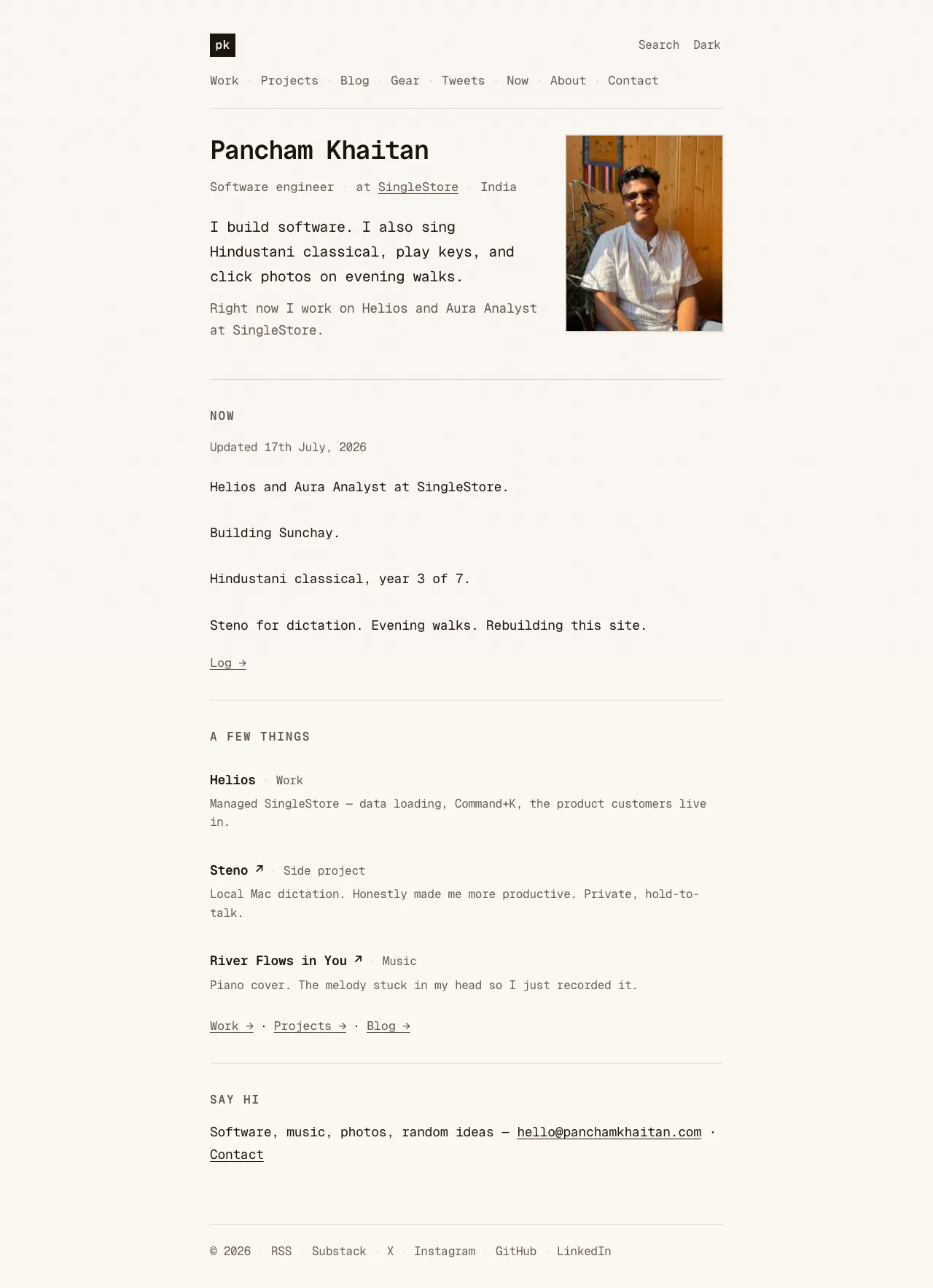 Homepage after redesign — quiet layout with portrait and short prose