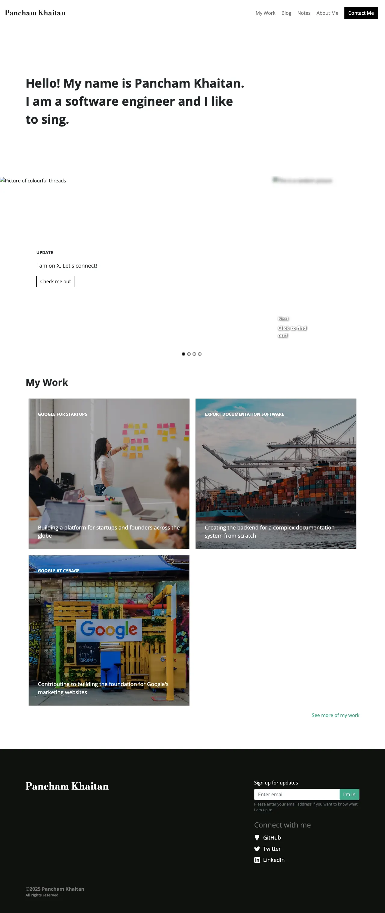 Full homepage before redesign including My Work card grid and dark footer