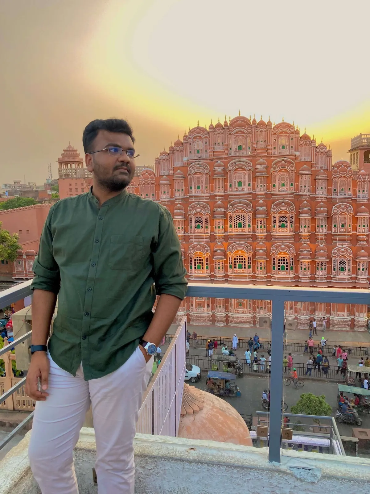 Pancham at Hawa Mahal in Jaipur at golden hour